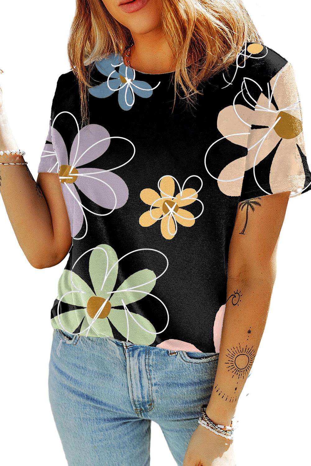 Black Summer Flower Print Casual Round Neck T Shirt - L & M Kee, LLC
