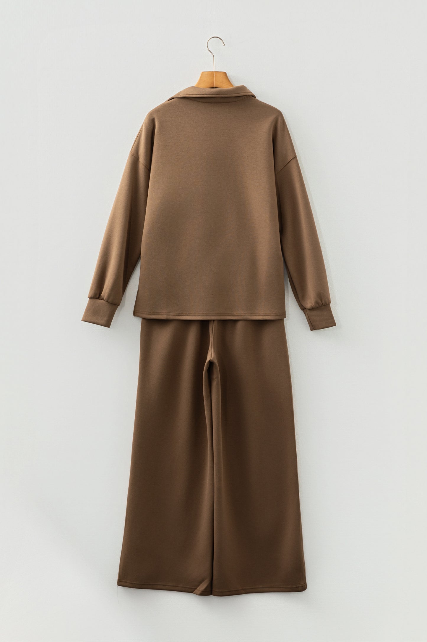 Coffee Solid Color V Neck Top and High Waist Pants Set