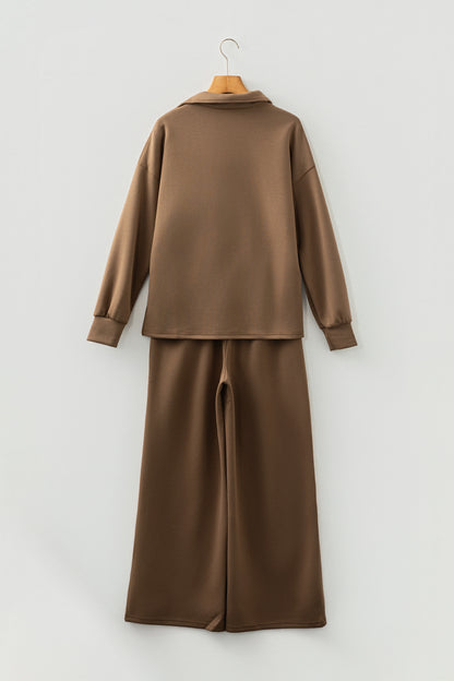 Coffee Solid Color V Neck Top and High Waist Pants Set