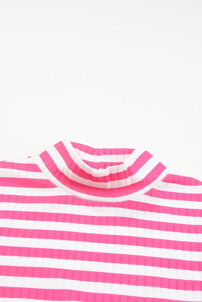 Strawberry Pink Striped Print Textured Knit Long Sleeve Tee - L & M Kee, LLC