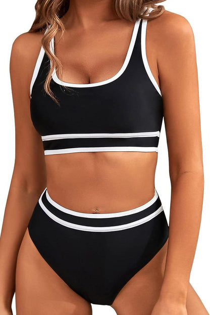 Black Contrast Trimmed U Neck High Waist Bikini - L & M Kee, LLC