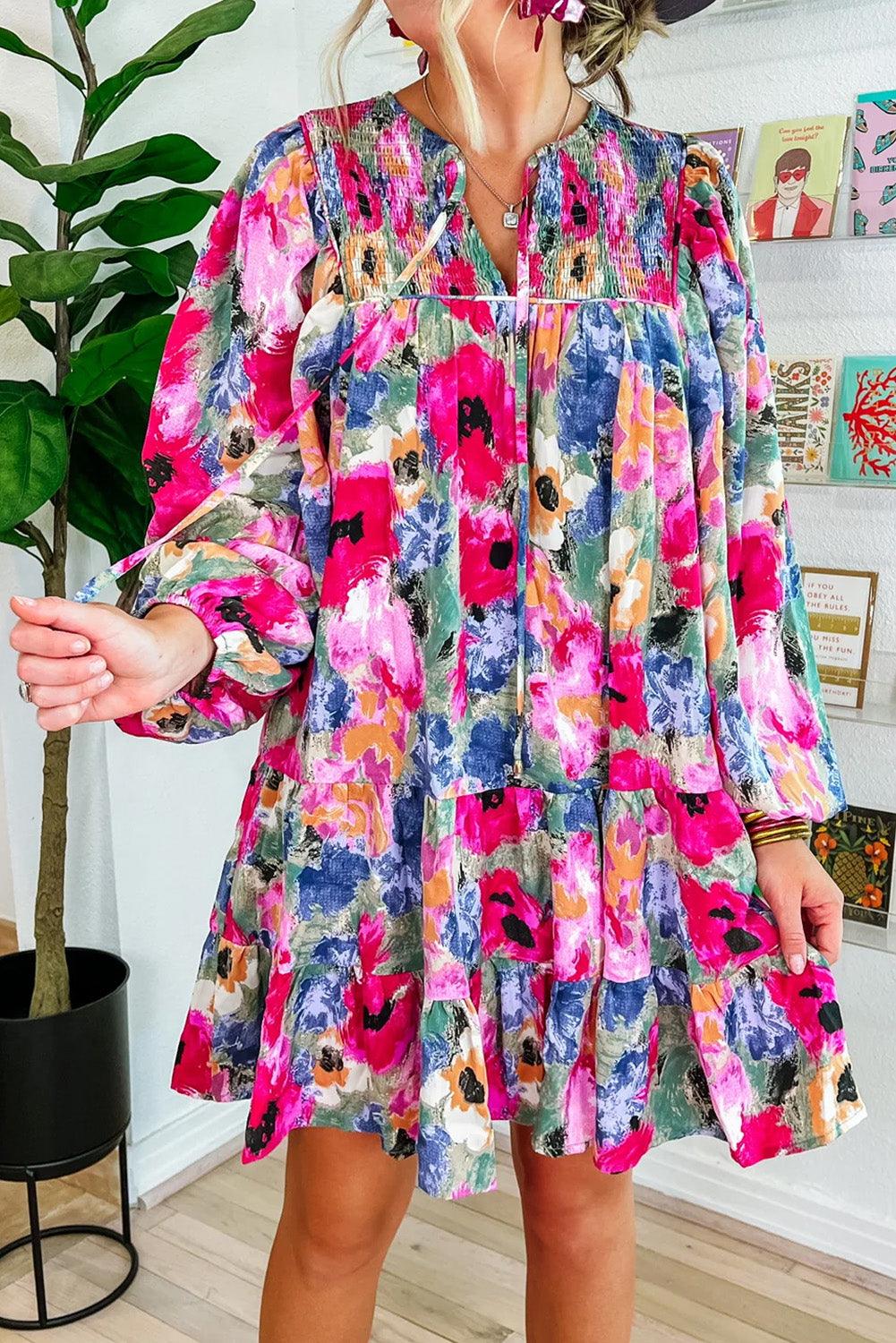 Multicolour Floral Tie Neck Bubble Sleeve Shift Dress - L & M Kee, LLC