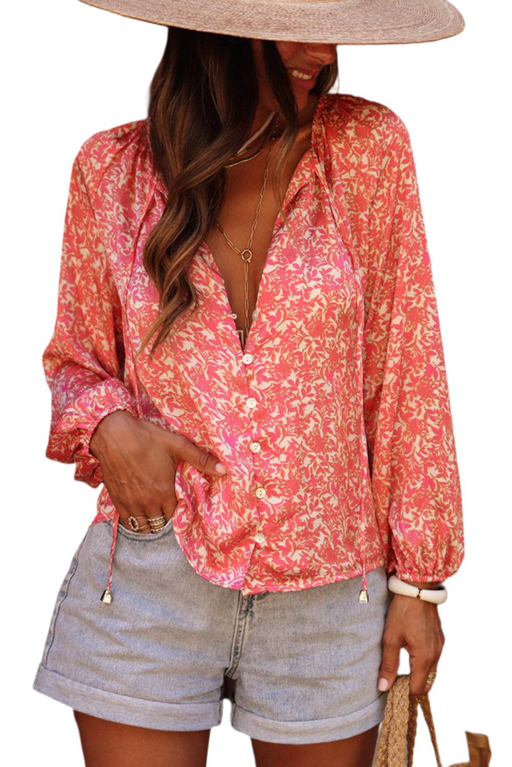 Pink Bubble Sleeve Floral Shirt with Lace up - L & M Kee, LLC