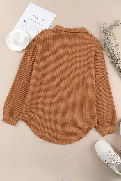 Brown Waffle Knit Button Up Casual Shirt - L & M Kee, LLC