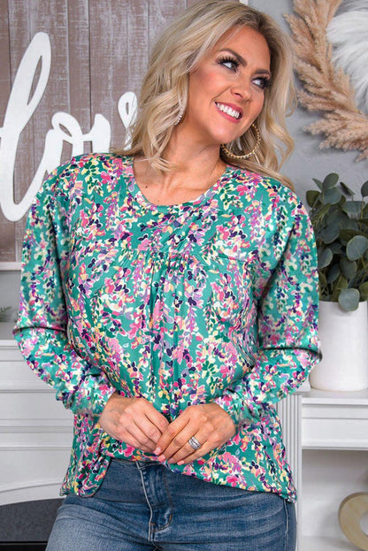 Vibrant Botanical Print Frill Short Sleeve Plus Size Top - L & M Kee, LLC