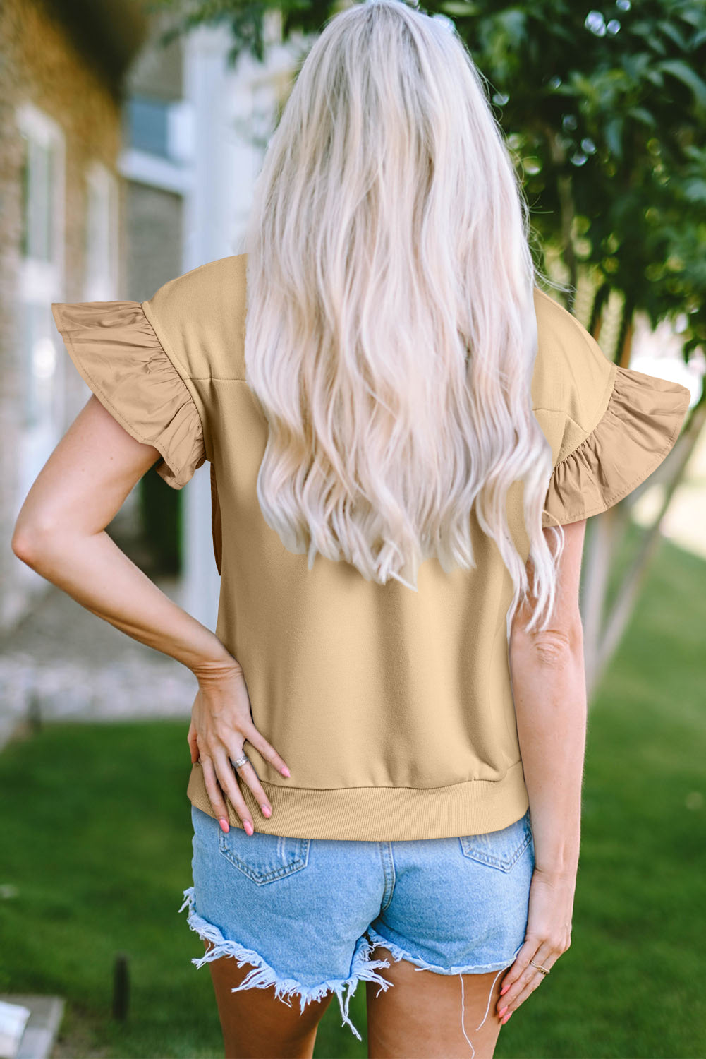 Parchment Two Tones Ribbon Bow Ruffle Sleeve Top