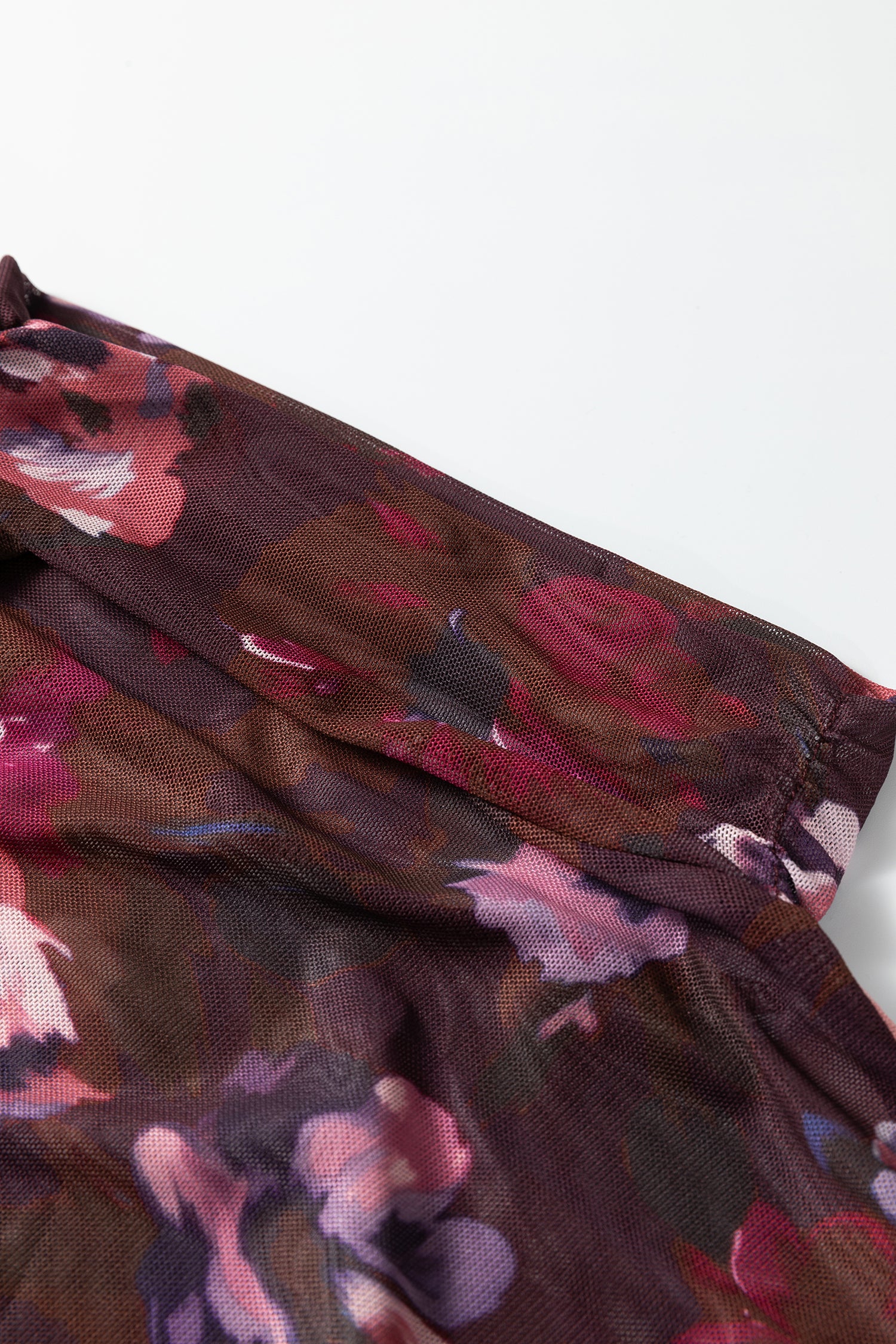 Brown High Neck Ruched Floral Mesh Top