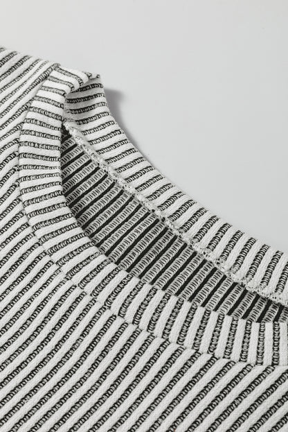 Gray Ribbed Knit Round Neck Long Lantern Sleeve Top