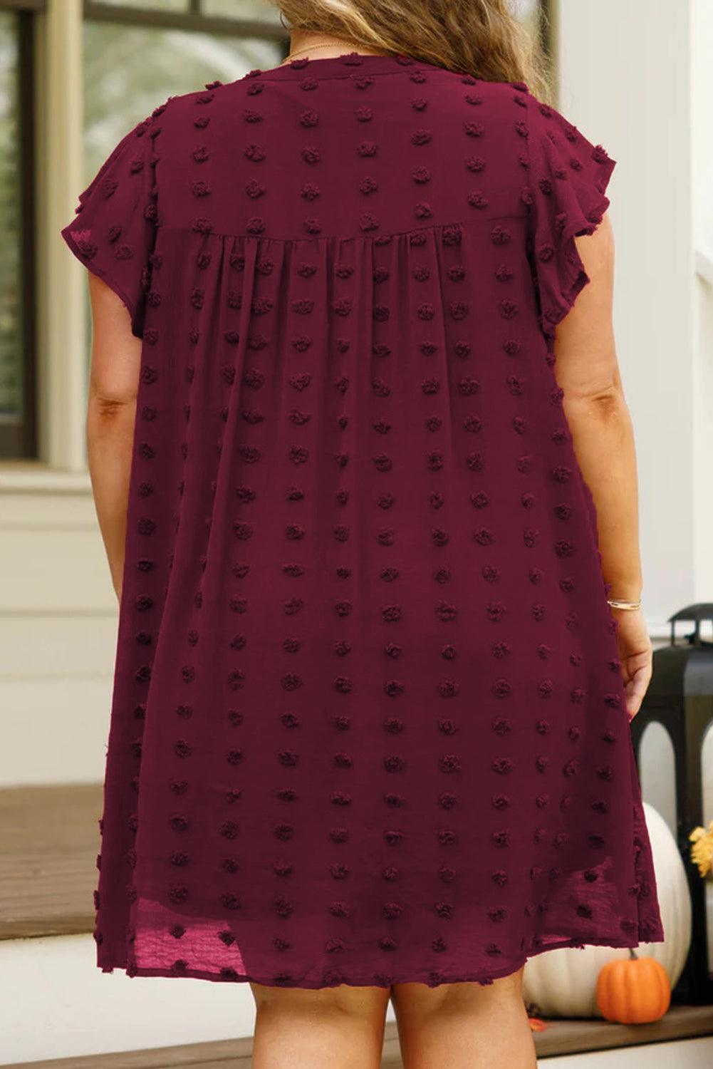 Burgundy Plus Size Swiss Dot Ruffled Sleeve V Neck Dress - L & M Kee, LLC