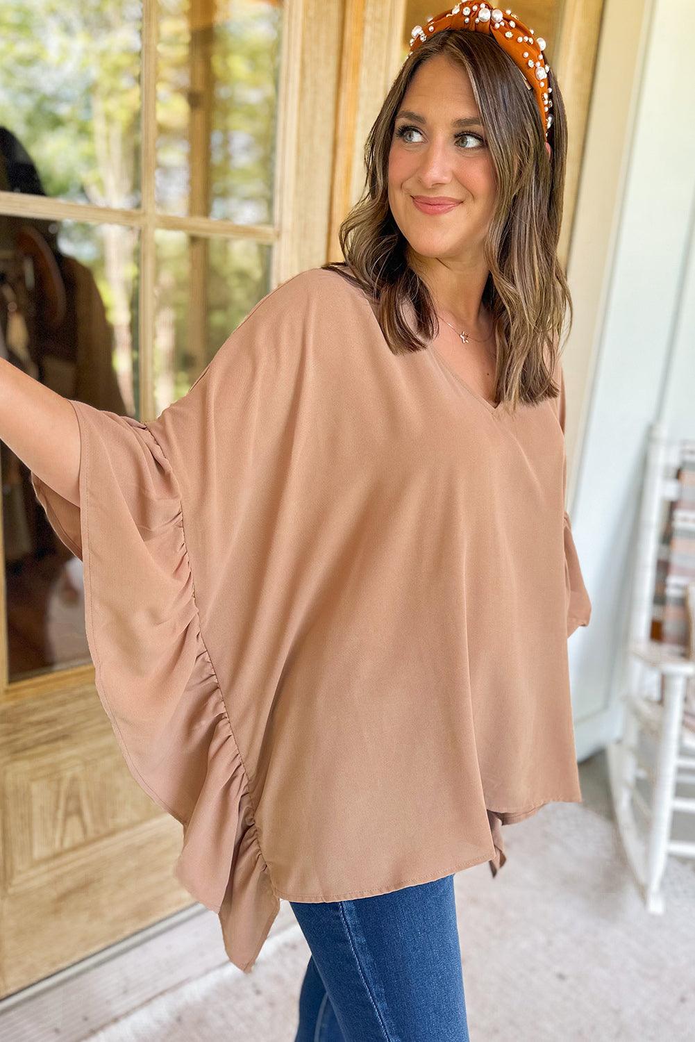 Smoke Gray Plus Size Ruffled Batwing Sleeve V Neck Blouse - L & M Kee, LLC