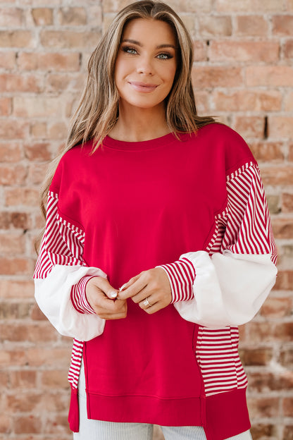 Fiery Red Striped Patchwork Sleeve Colorblock Sweatshirt