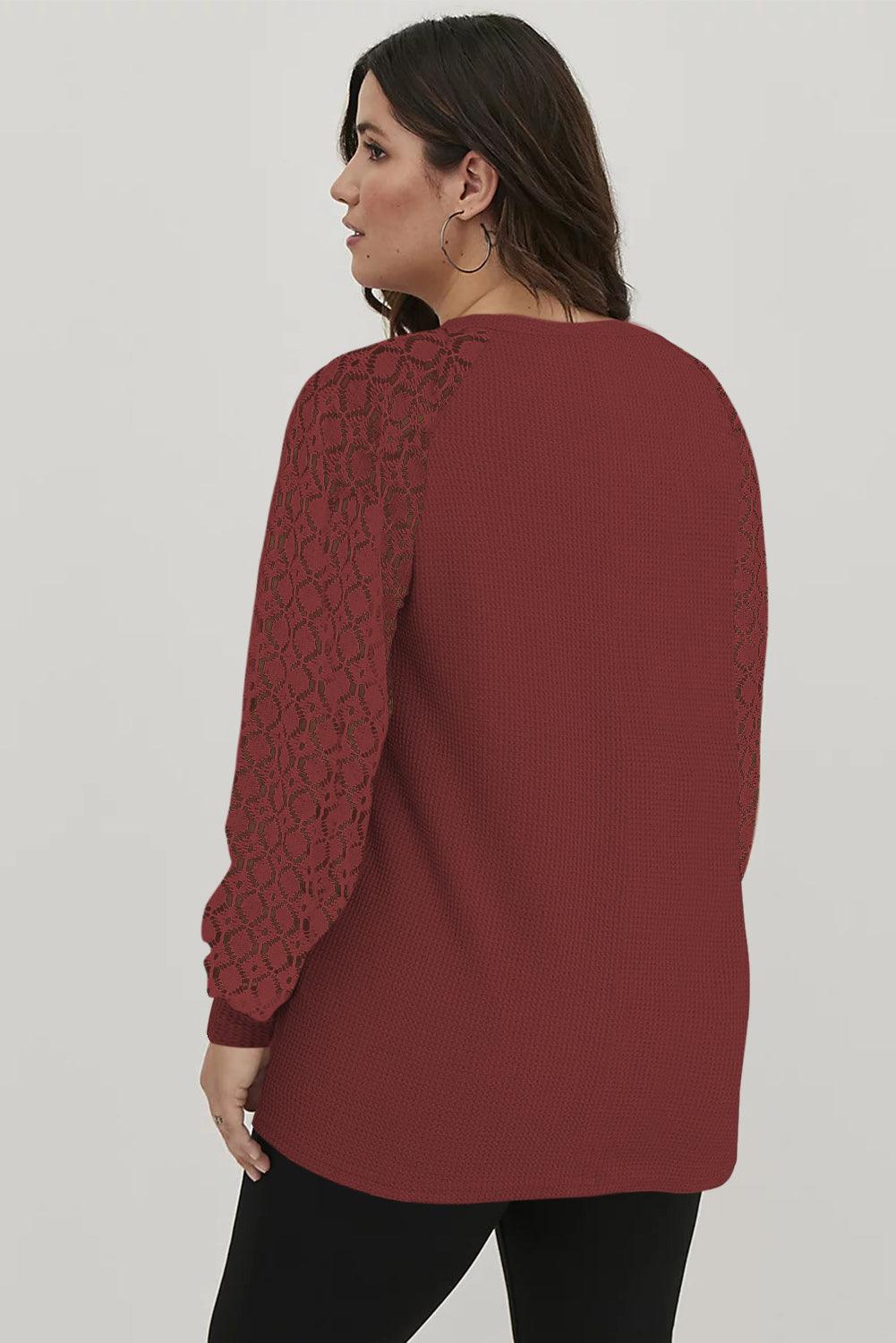 Red Plus Size Contrast Lace Sleeve Waffle Knit Top - L & M Kee, LLC