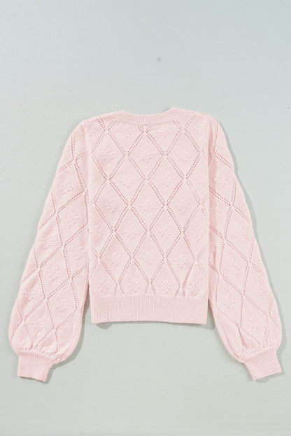 Gossamer Pink Openwork Plaid Puff Sleeve Cropped Sweater