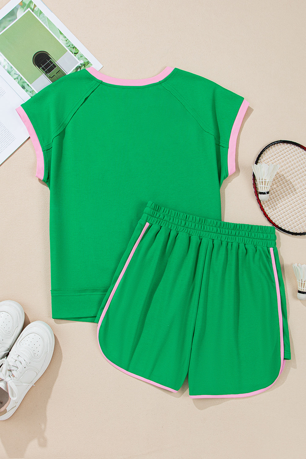 Bright Green Two Tone Contrast Textured Crewneck Tee and Shorts Set