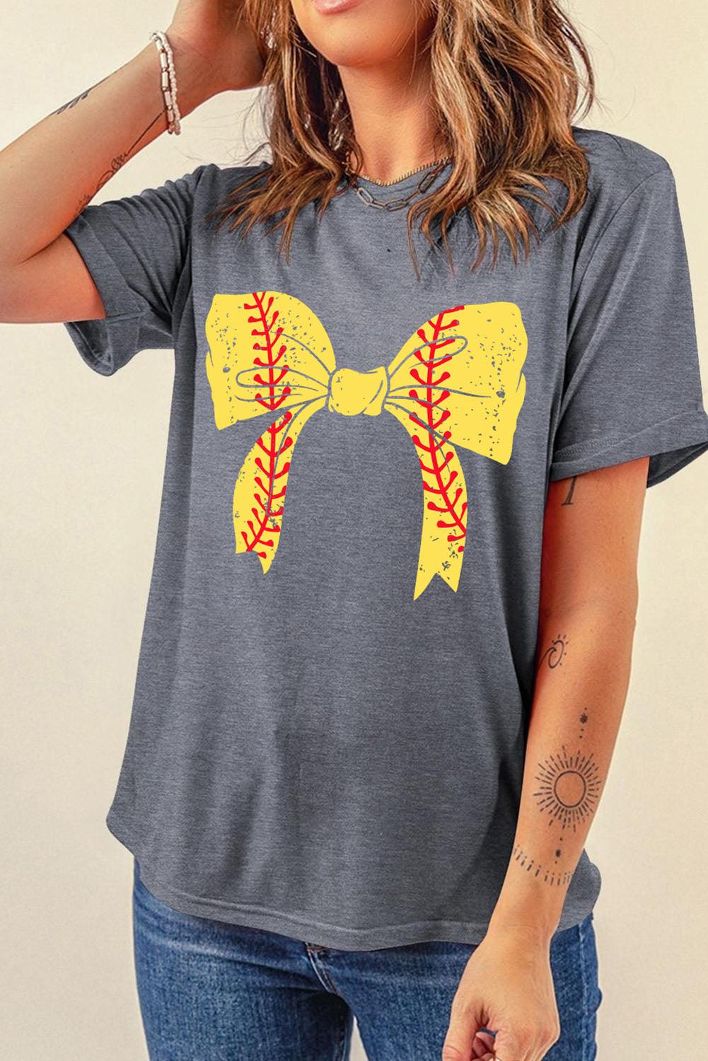 Gray Baseball Bowknot Graphic Casual Tee - L & M Kee, LLC