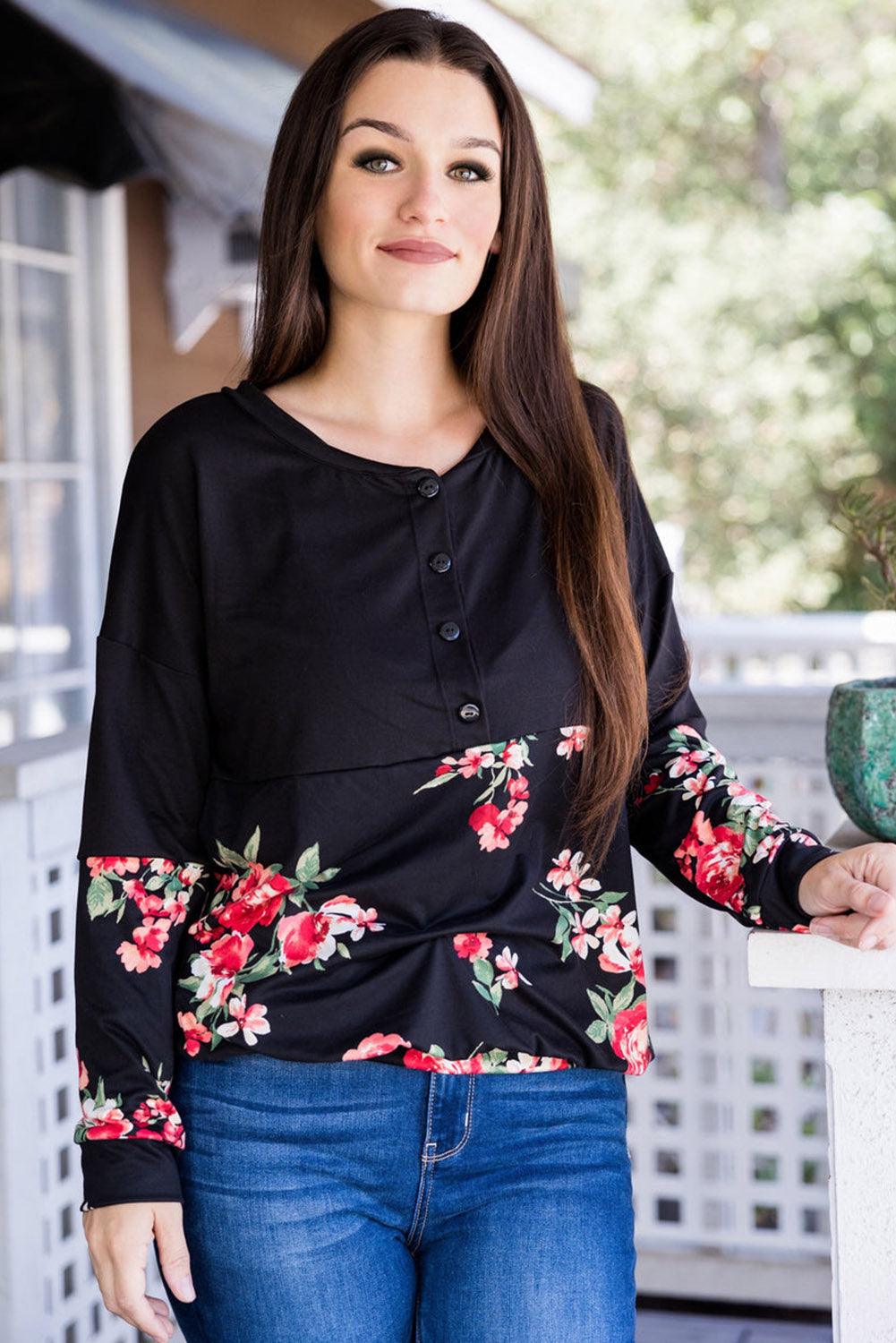 Black Plus Size Floral Printed Splicing Half Button Top - L & M Kee, LLC