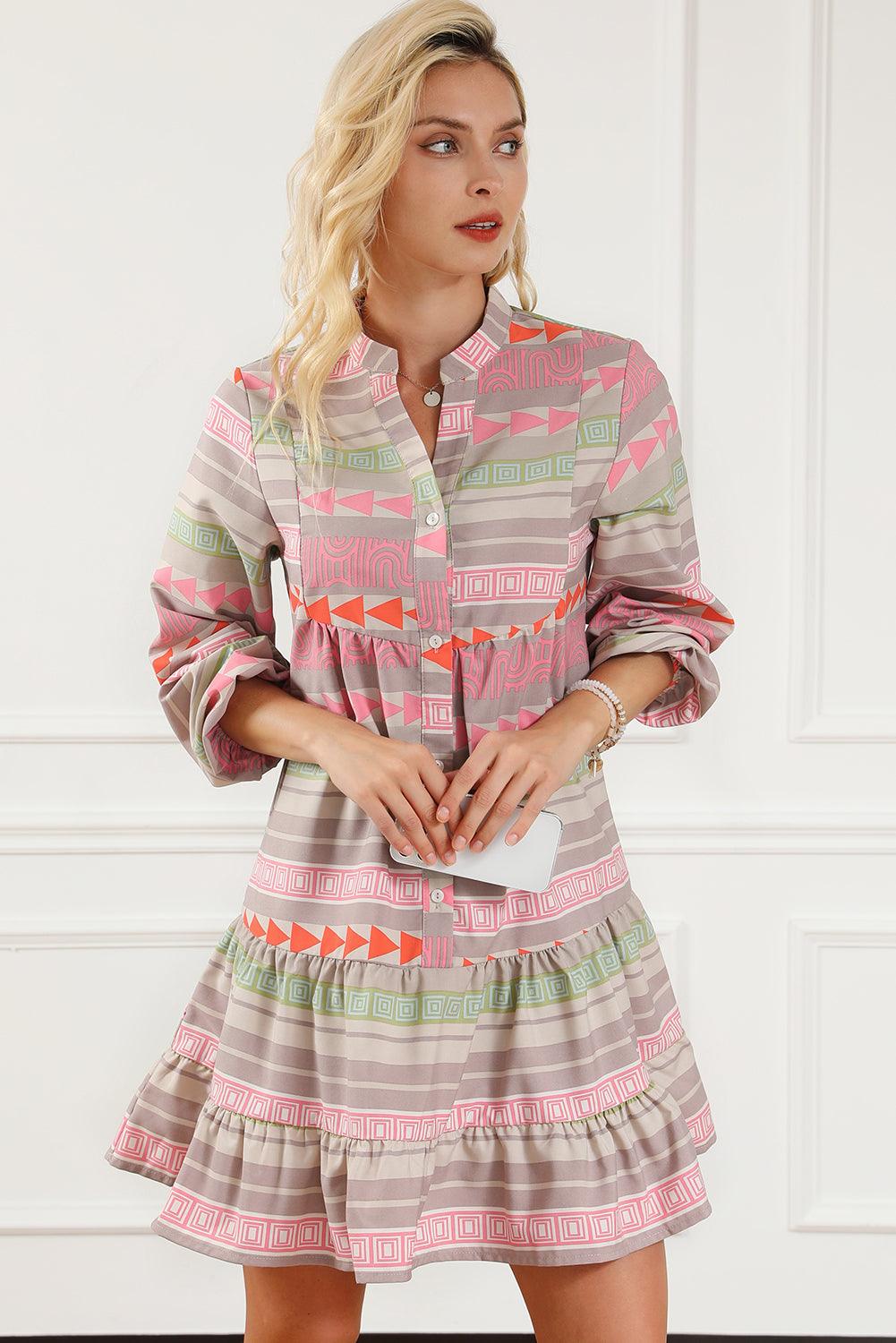 Multicolour Boho Print Puff Sleeve Buttoned Babydoll Dress - L & M Kee, LLC