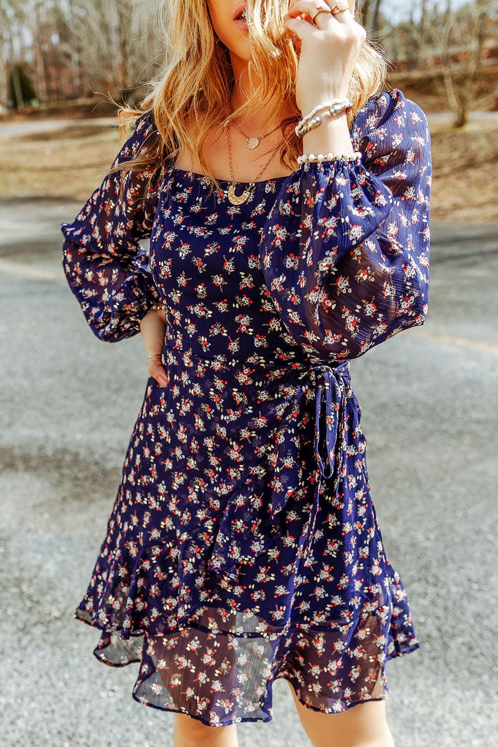 Blue Floral Print Smocked Square Neck Bubble Sleeve Dress - L & M Kee, LLC