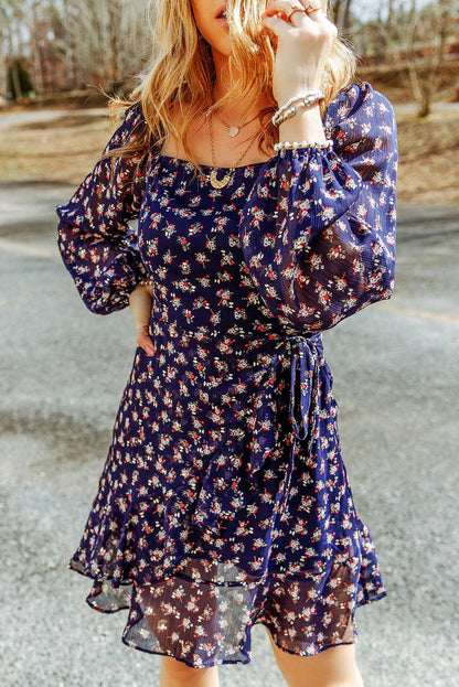 Floral Print Smocked Square Neck Bubble Sleeve Dress - L & M Kee, LLC