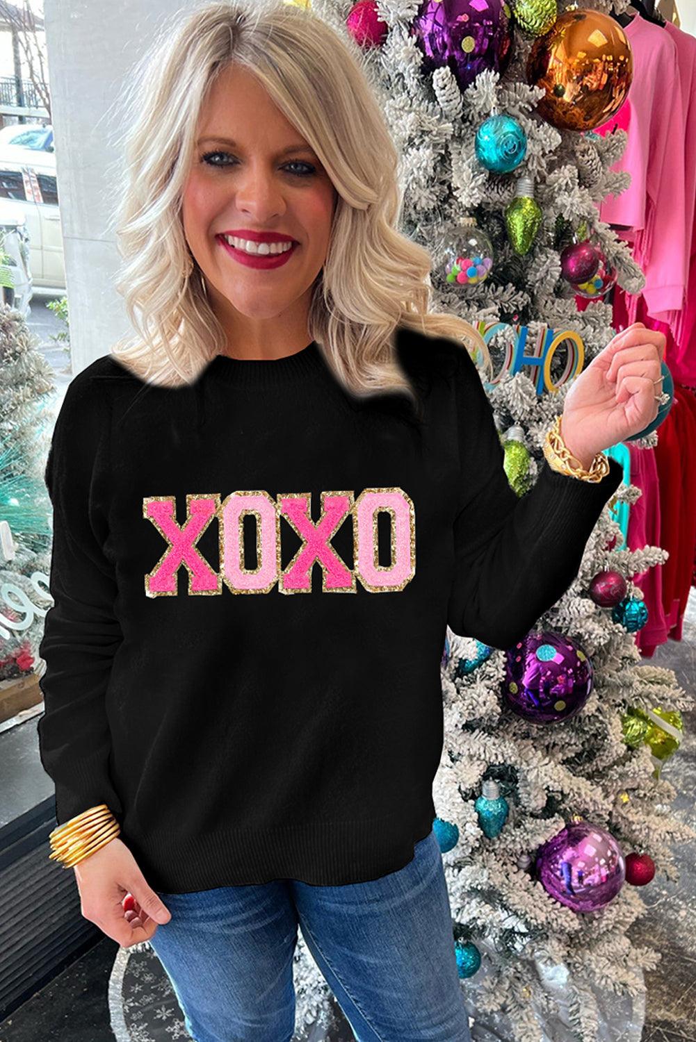 Black XOXO Glitter Print Round Neck Casual Sweater - L & M Kee, LLC