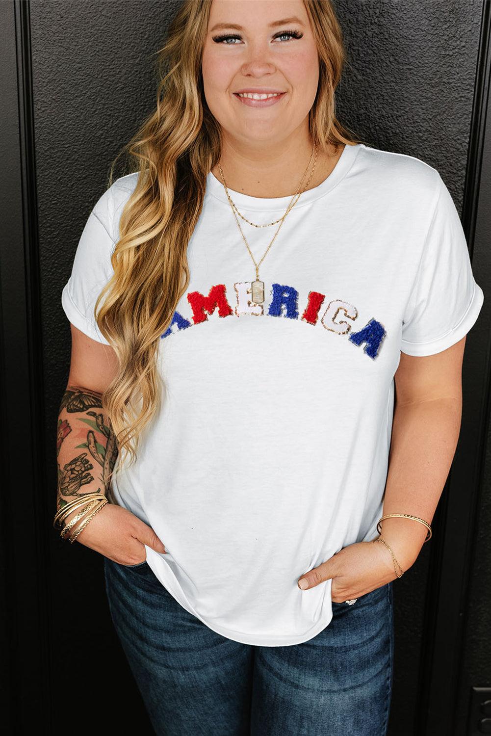 White AMERICA Chenille Embroidered Plus Size T Shirt