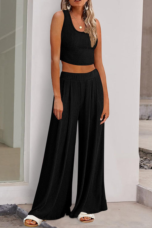 Black Textured Sleeveless Crop Top and Wide Leg Pants Outfit - L & M Kee, LLC