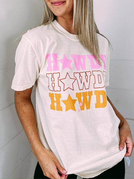 White HOWDY Star Shape Print Crew Neck T Shirt - L & M Kee, LLC