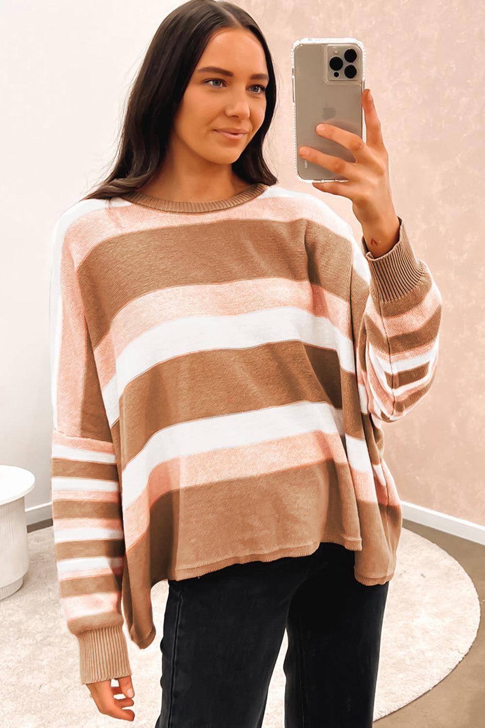 Multicolour Striped Knit Drop Shoulder Loose Sweater - L & M Kee, LLC