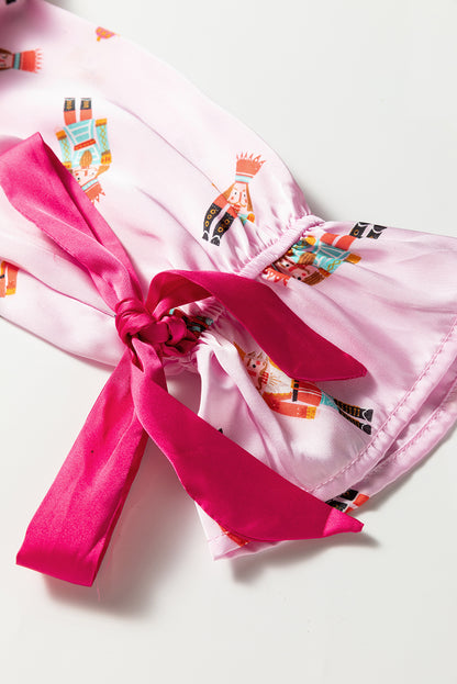 Pink Nutcracker Print Contrast Trim Tied up Bow Silky 2pcs Pajama Set