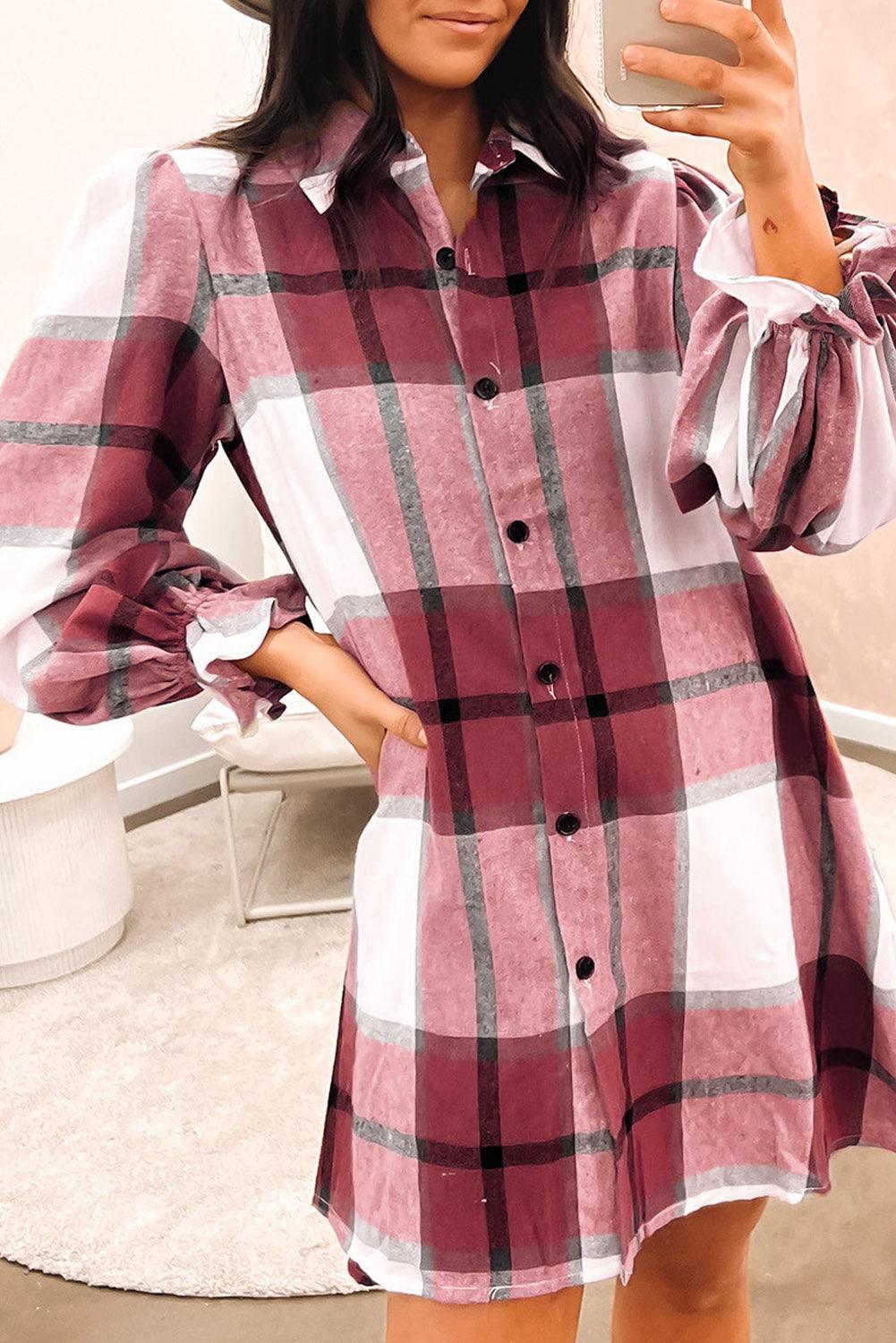 Khaki Plaid Pattern Collared Neck Ruffled Sleeve Shirt Dress - L & M Kee, LLC