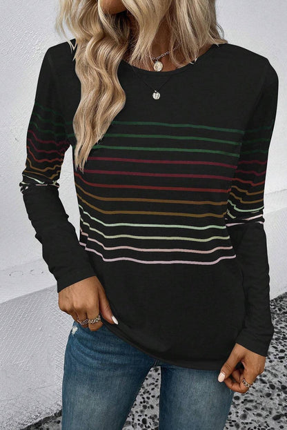 Black Multicolor Striped Crew Neck Long Sleeve Top - L & M Kee, LLC