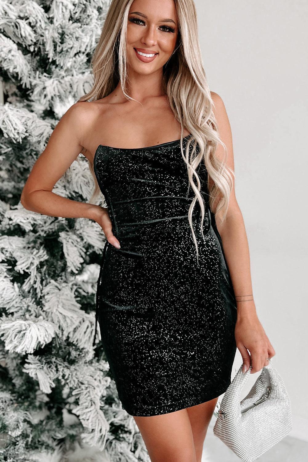 Black Velvet Sequin Lace-Up Tube Mini Dress - L & M Kee, LLC