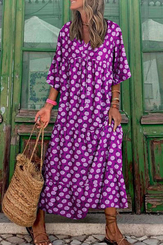 Purple Boho Printed Puff Sleeve Maxi Dress - L & M Kee, LLC