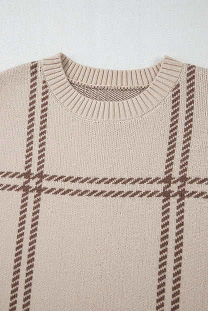 Pink Plaid Pattern Knitted Drop Shoulder Sweater