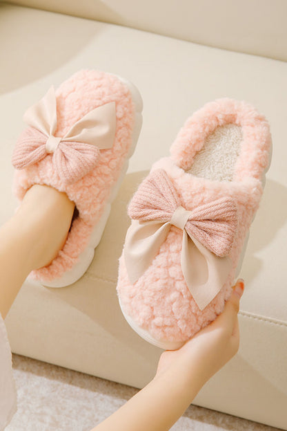 White Contrast Bowknot Applique Plush Winter Slippers