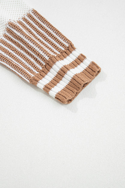 Khaki Two Tone Striped Patchwork Drop Shoulder Loose Sweater