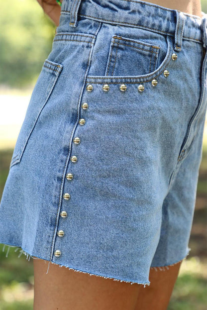 Sky Blue Stud Embellished High Waist Denim Shorts - L & M Kee, LLC