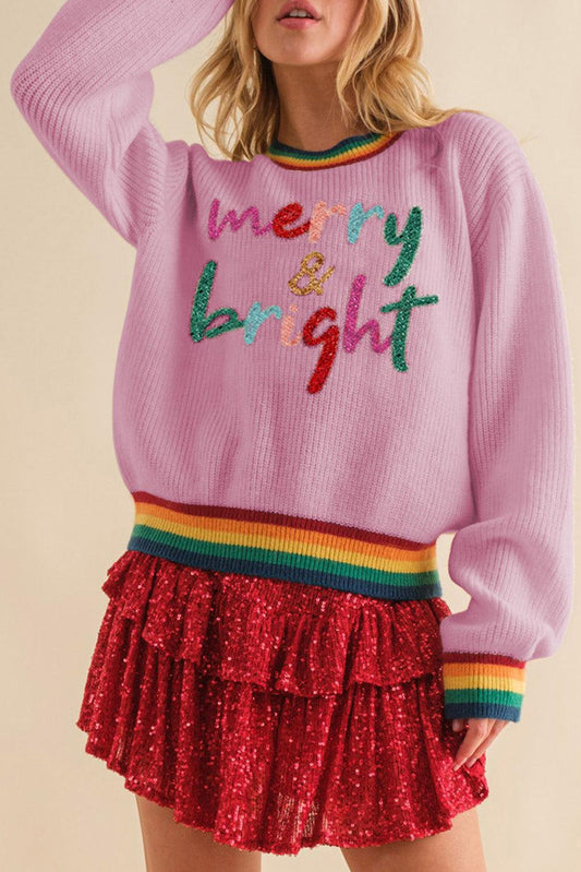 Bonbon Glitter Merry & Bright Colorful Stripes Trim Sweater - L & M Kee, LLC