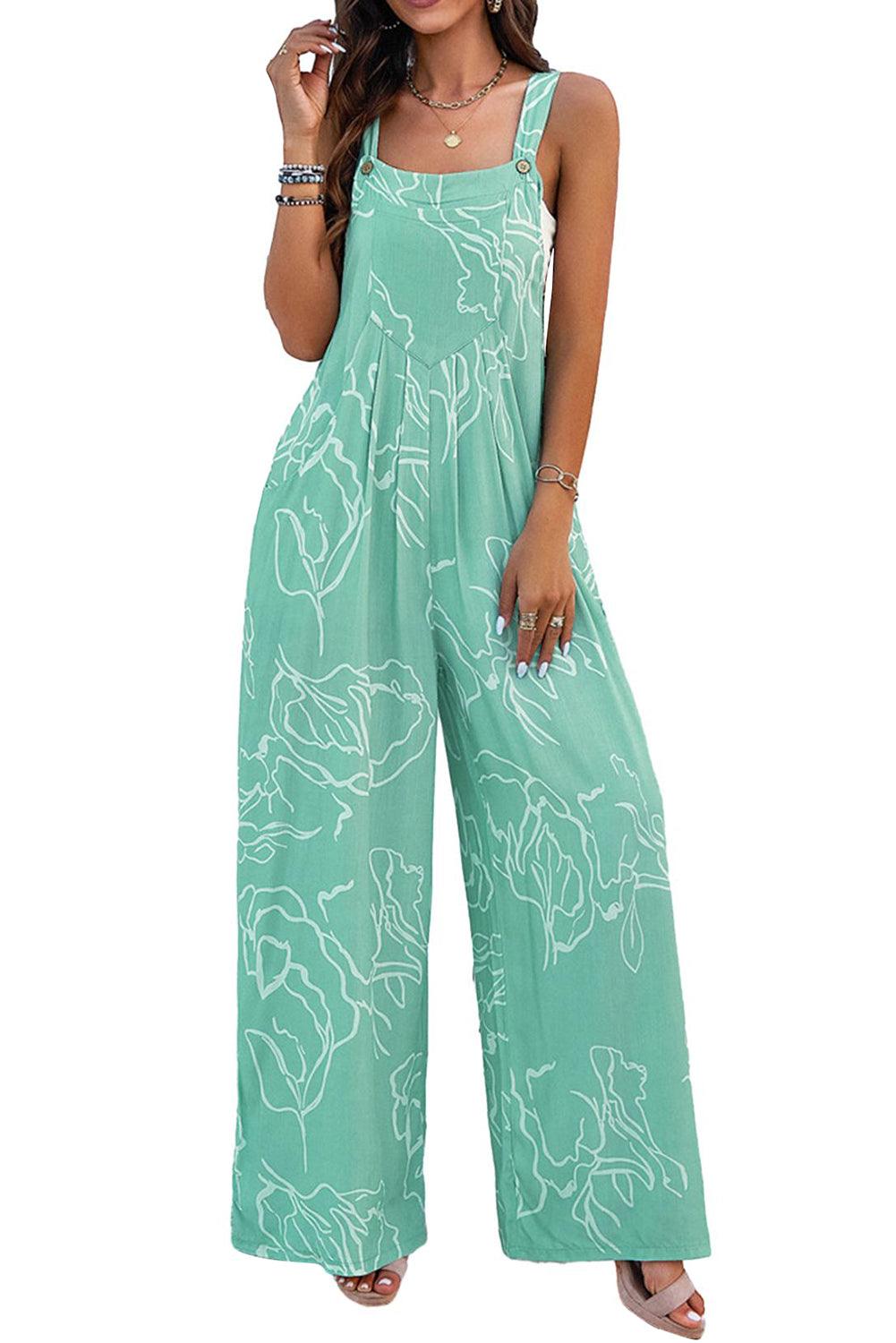 Moonlight Jade Printed Bib Wide Leg Overalls - L & M Kee, LLC