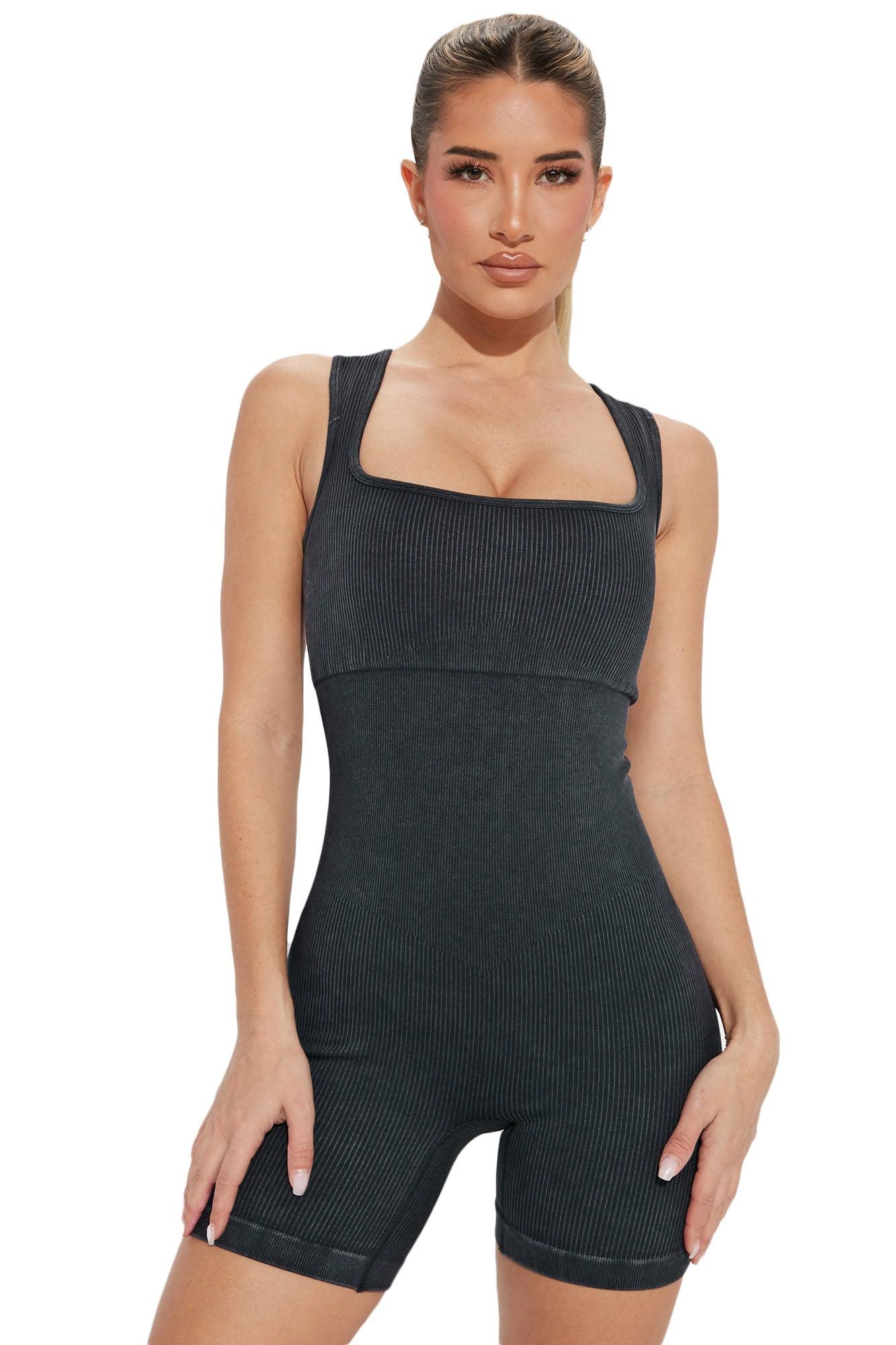 Gray Ribbed Square Neck Padded Sports Romper - L & M Kee, LLC