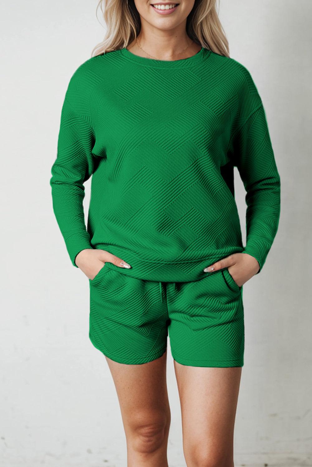 Green Textured Long Sleeve Top and Drawstring Shorts Set - L & M Kee, LLC