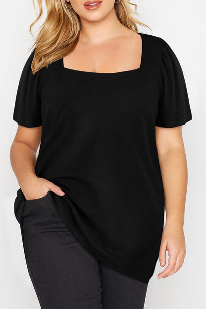 Black Plus Size Square Neck Ruched Shoulder Short Sleeve Top - L & M Kee, LLC