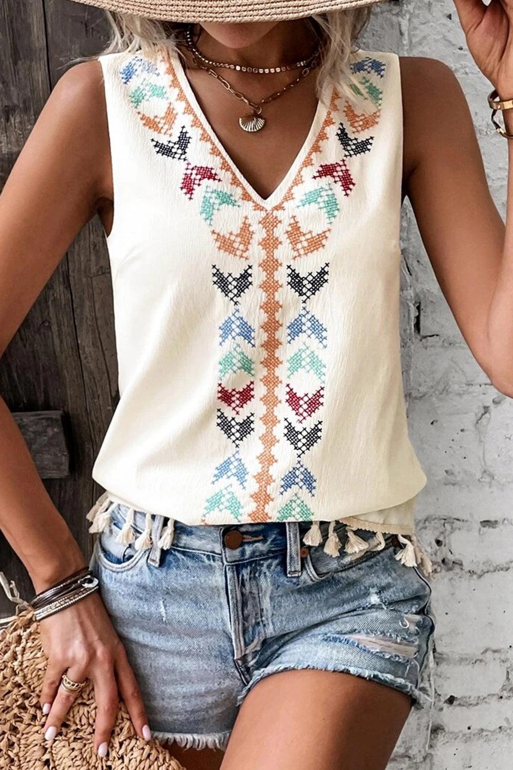 Apricot Geometric Tassel Accent V-Neck Tank Top - L & M Kee, LLC