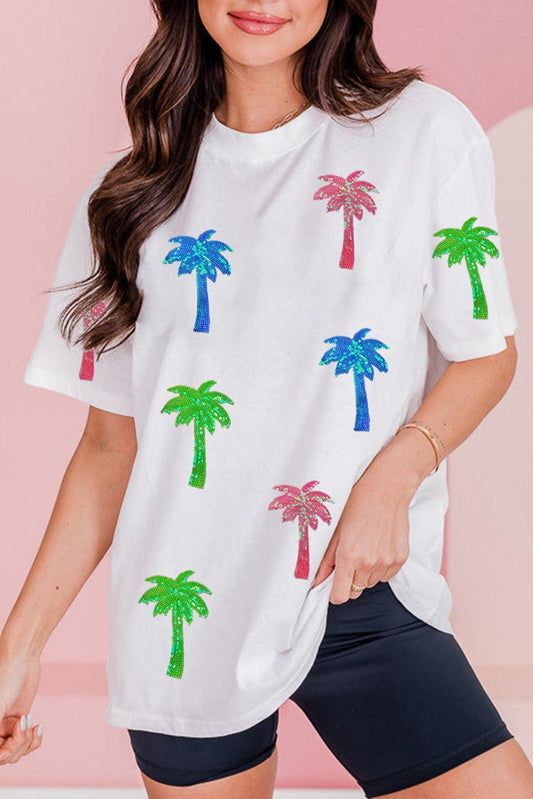 White Sequin Coconut Tree Graphic T Shirt - L & M Kee, LLC