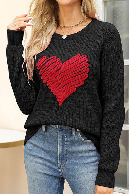 Black Valentines Heart Sketch Round Neck Sweater - L & M Kee, LLC