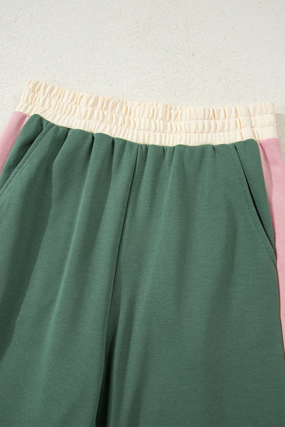 Rose Red 2pcs Color Block Pullover Loose Pant Set