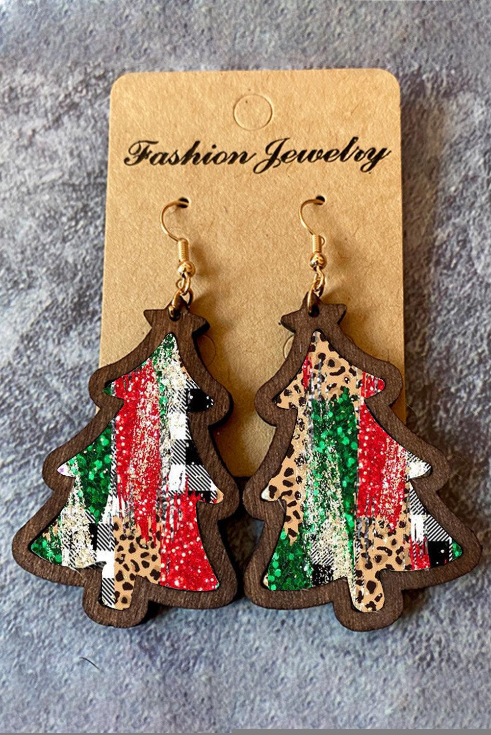 Red Shade Of Leopard Plaid Christmas Tree Earrings - L & M Kee, LLC