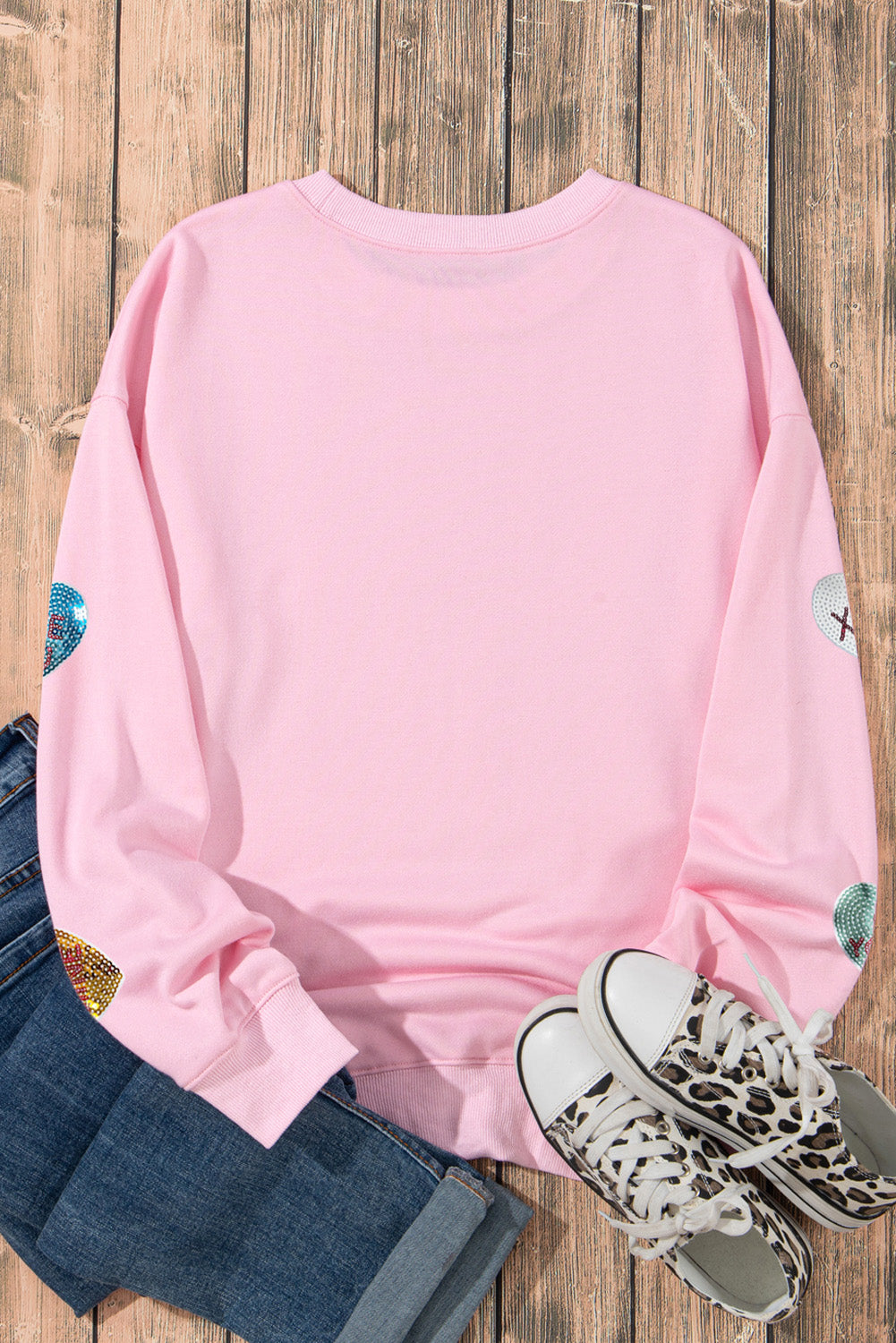 Pink Sequin Romantic Letters Heart Graphic Valentines Sweatshirt