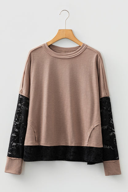 Light French Beige Sheer Lace Patchwork Casual Long Sleeve Tee