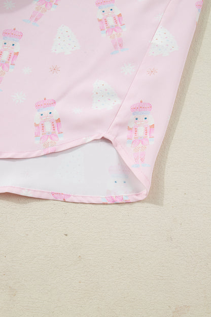 Pink Bow Tie Front Christmas Nutcracker Long Sleeve Shirt Shorts Pajama Set